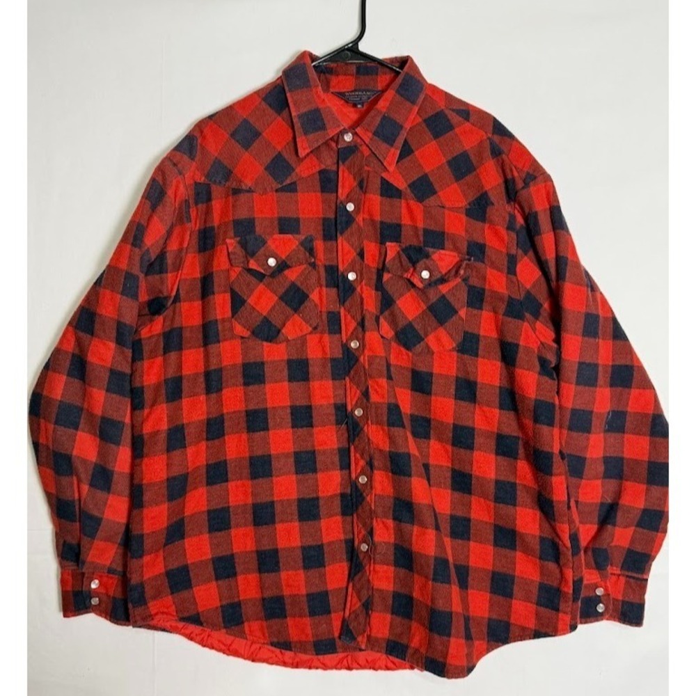 VTG Flannel Jacket Woodland Buffalo Plaid Pearl Snap Mens XL‎ Red Black